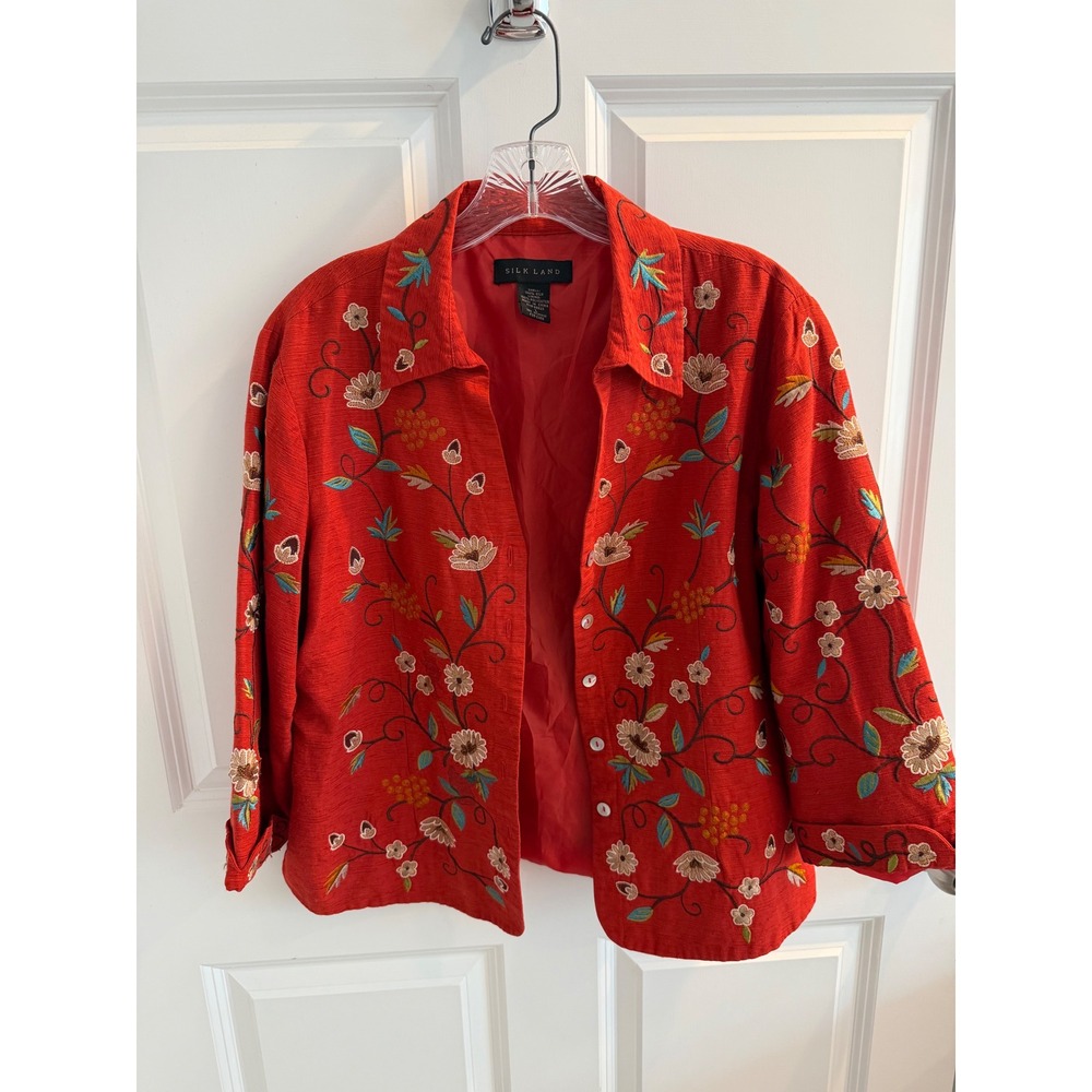 Silk Land Red Floral Embroidered Silk Shirt Jacket Women's Size Large Lined